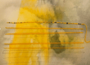 Broderie jaune sur canva peint en jaune et vert-de-gris, Yasmina Ouahid
