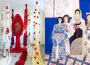 A gauche : composition textile suspendue de Ghizlaine Sahli "La Mer(e), Origine du Monde…" ; à droite broderie de Margaux Dehry "Quatre soeurs"
