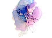 Des lavis de peinture roses et bleus forment une tache, brodée de perles