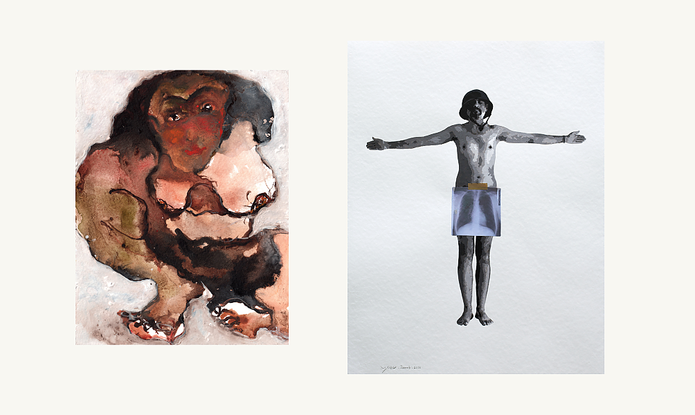A gauche : Nagham Hodeifa (Syrie, 1981), Shéhérazade, 2010. Technique mixte sur papier, 17,8 x 14 cm. A droite : Hani Zurob (Palestine, 1976), Most of your Fear is in your Head, 2018. Gouache et collage sur papier 65 x 495 cm.