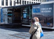 Le conteneur accueillant l'exposition "Gaza, histoires d'espoir et de résilience"